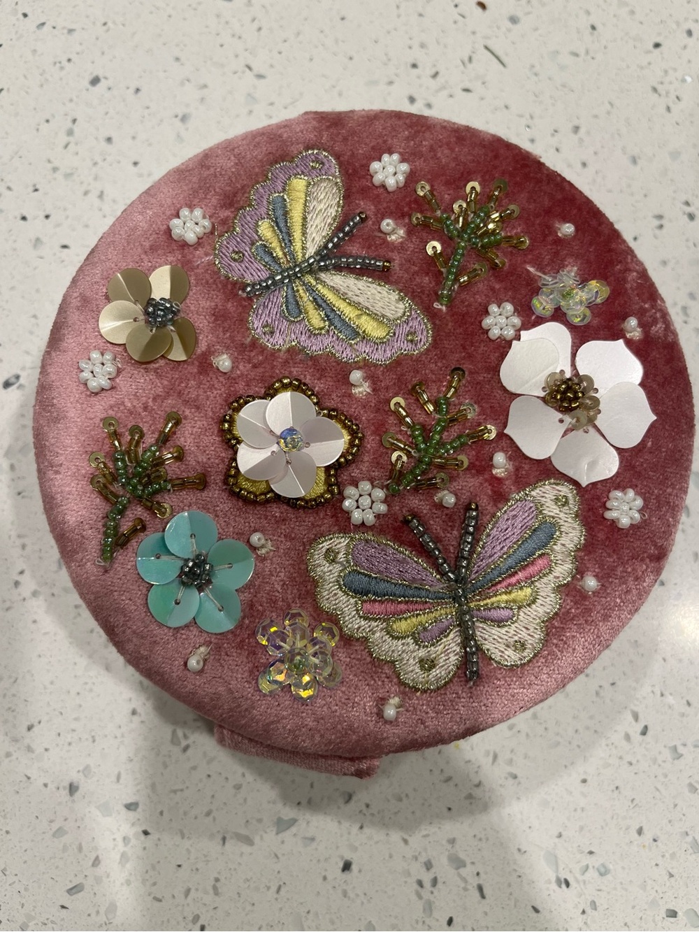 Embellished Pink Velvet Round Jewelry Box with Butterfly & Floral Accents